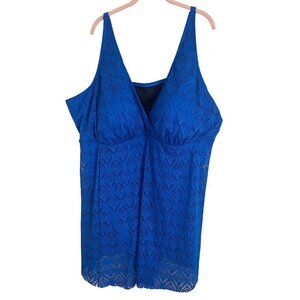 Swimsuit for All Swim 34 Blue Floral Mesh Feminine Coastal Tropical Beach Retro